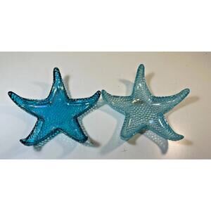 2 Starfish Candy Dishe Aqua Pearl & Blue Iridescent Reverse Painted Glass